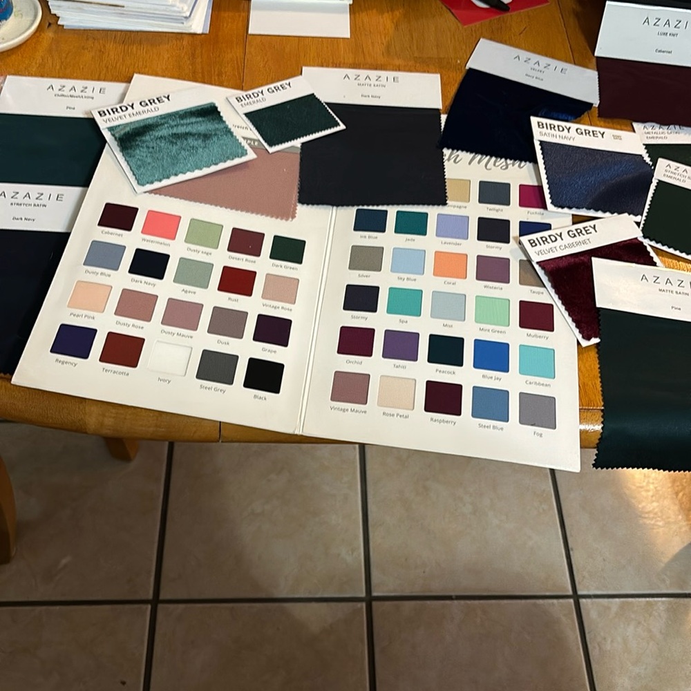 14 different bridesmaids swatches with swatch book! Azazie, and Birdy grey